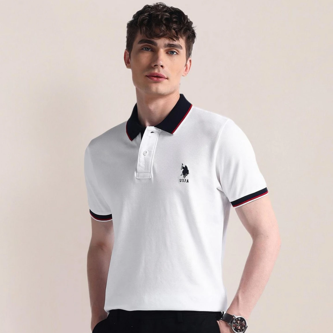 Men Solid Polo Neck Pure Cotton White T-Shirt