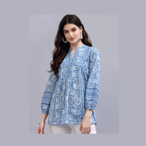 RIJHARI Casual Regular Sleeves Printed Women Light Blue, White Top
