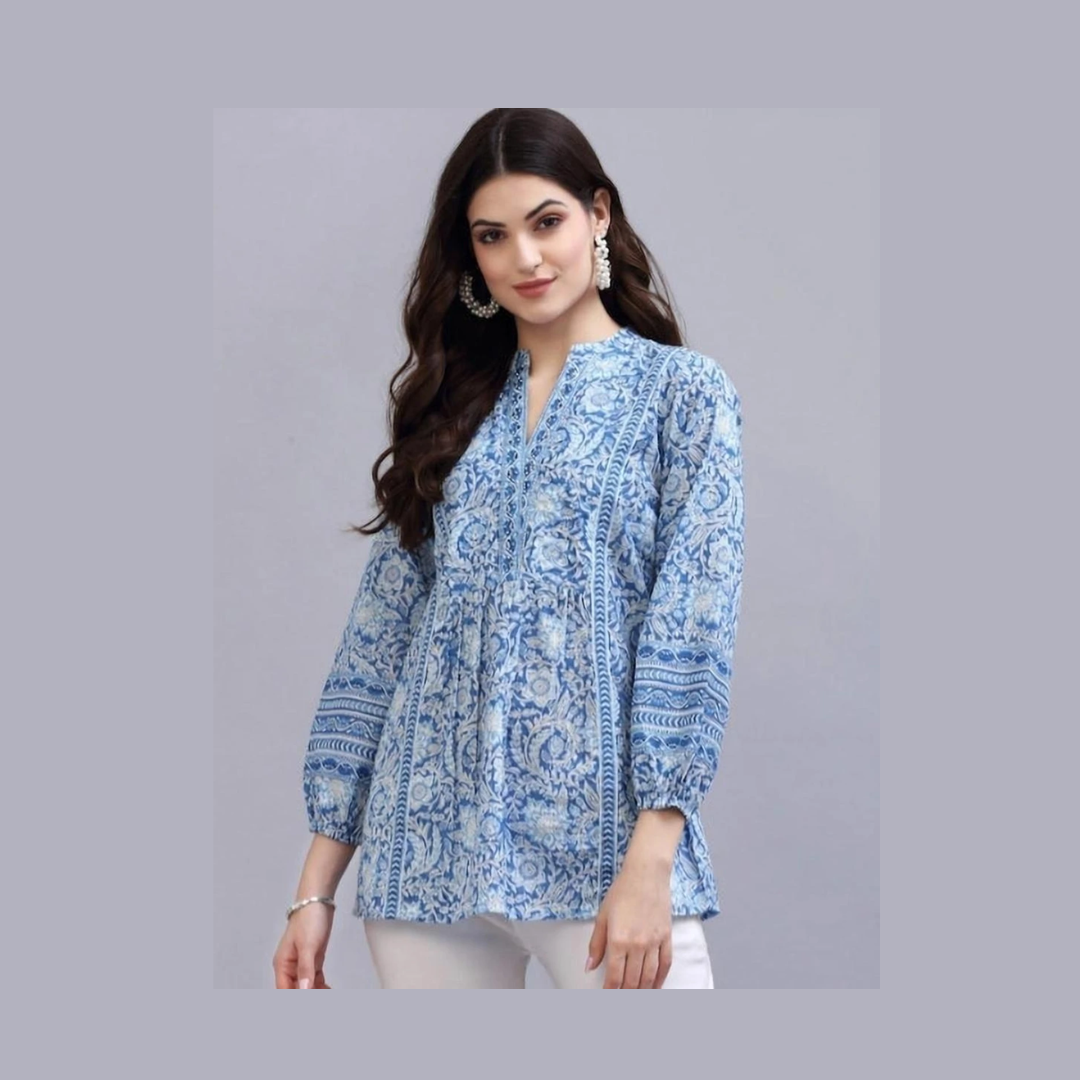 RIJHARI Casual Regular Sleeves Printed Women Light Blue, White Top